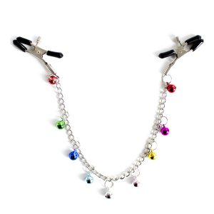 Adjustable metal nipple clamps with jingle bells and decorative chain – BDSM sensory toy